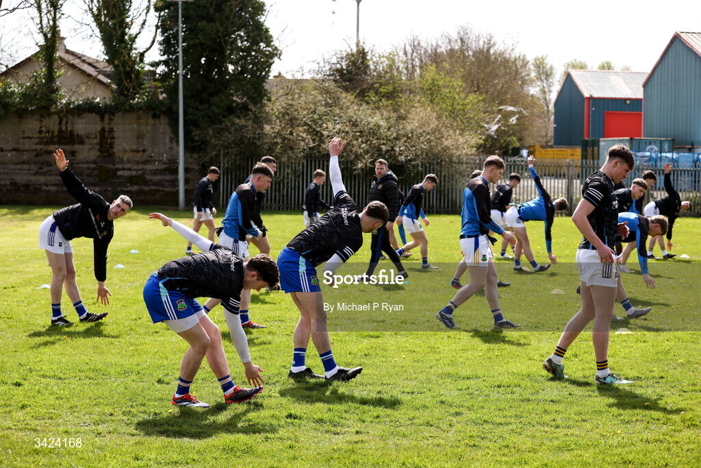 12 April 2026; Tipperary players warm up before the Munster GAA Football Senior Championship quarter-final match between Waterford and Tipperary at Cappoquin Logistics Fraher Field in Waterford. Photo by Michael P Ryan/Sportsfile