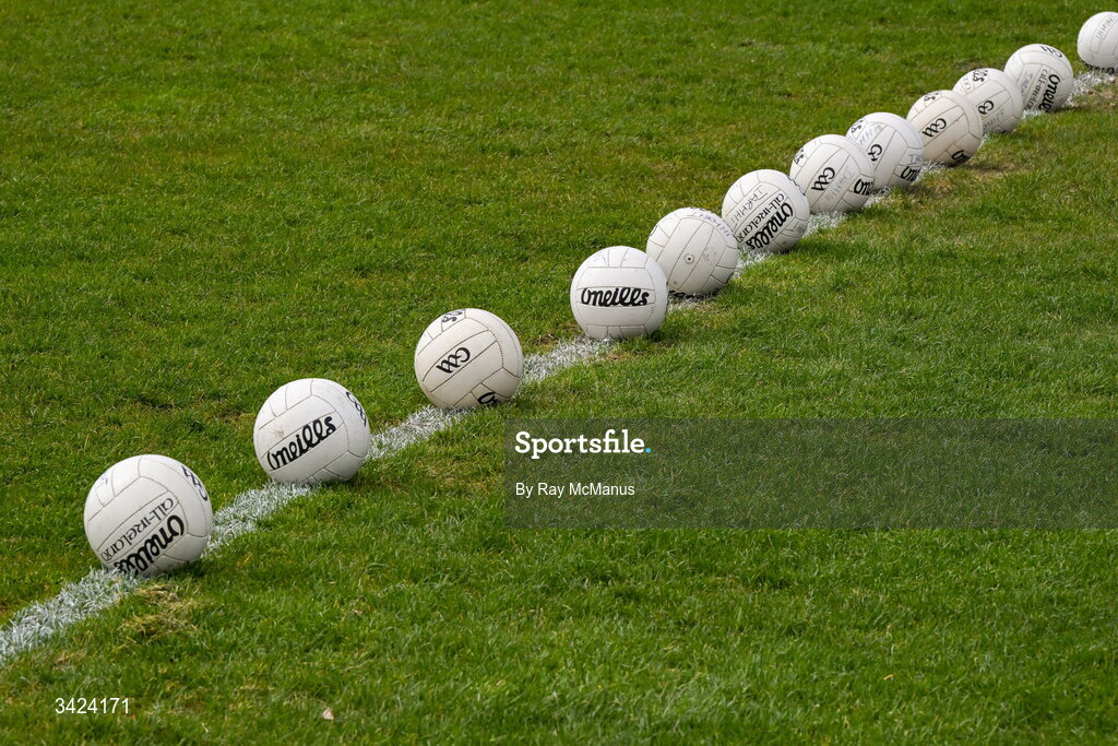12 April 2026; Footballs, the property of Westmeath GAA, on the pitch before the Leinster GAA Football Senior Championship Round 1 match between Longford and Westmeath at Glennon Bros Pearse Park in Longford. Photo by Ray McManus/Sportsfile
