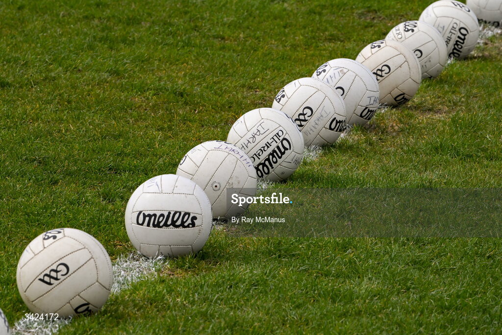 12 April 2026; Footballs, the property of Westmeath GAA, on the pitch before the Leinster GAA Football Senior Championship Round 1 match between Longford and Westmeath at Glennon Bros Pearse Park in Longford. Photo by Ray McManus/Sportsfile