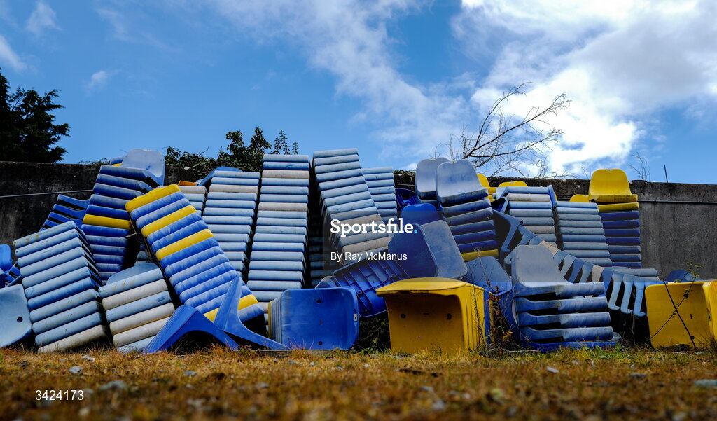 12 April 2026; Stand seats, that were replaced, rest in a yard before the Leinster GAA Football Senior Championship Round 1 match between Longford and Westmeath at Glennon Bros Pearse Park in Longford. Photo by Ray McManus/Sportsfile
