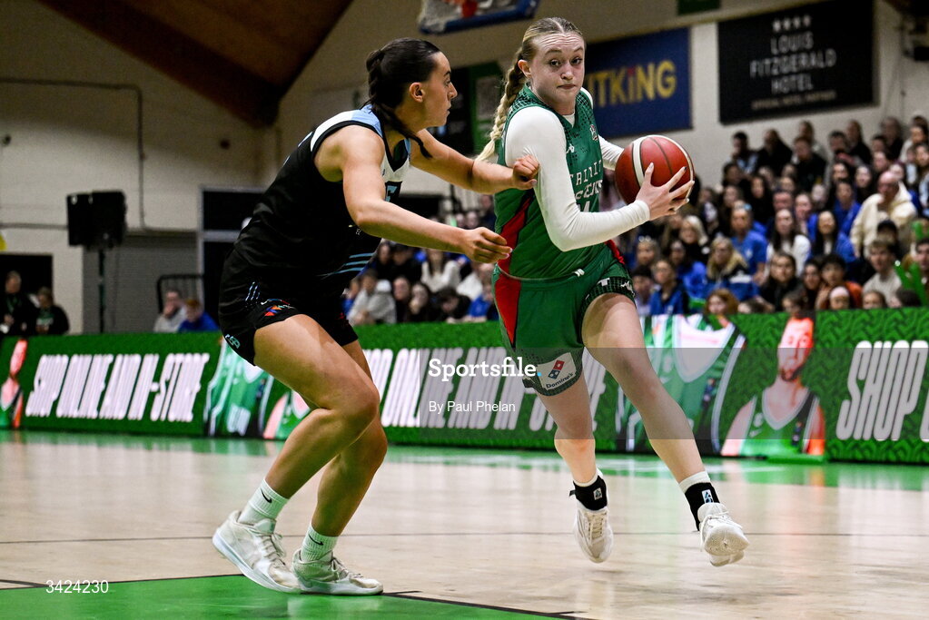 12 April 2026; Ava Learn of Trinity Meteors in action against Emer Dunne of UCC Glanmire during the Basketball Ireland Women's Superleague final match between Trinity Meteors and UCC Glanmire at the National Basketball Arena in Tallaght, Dublin. Photo by Paul Phelan/Sportsfile