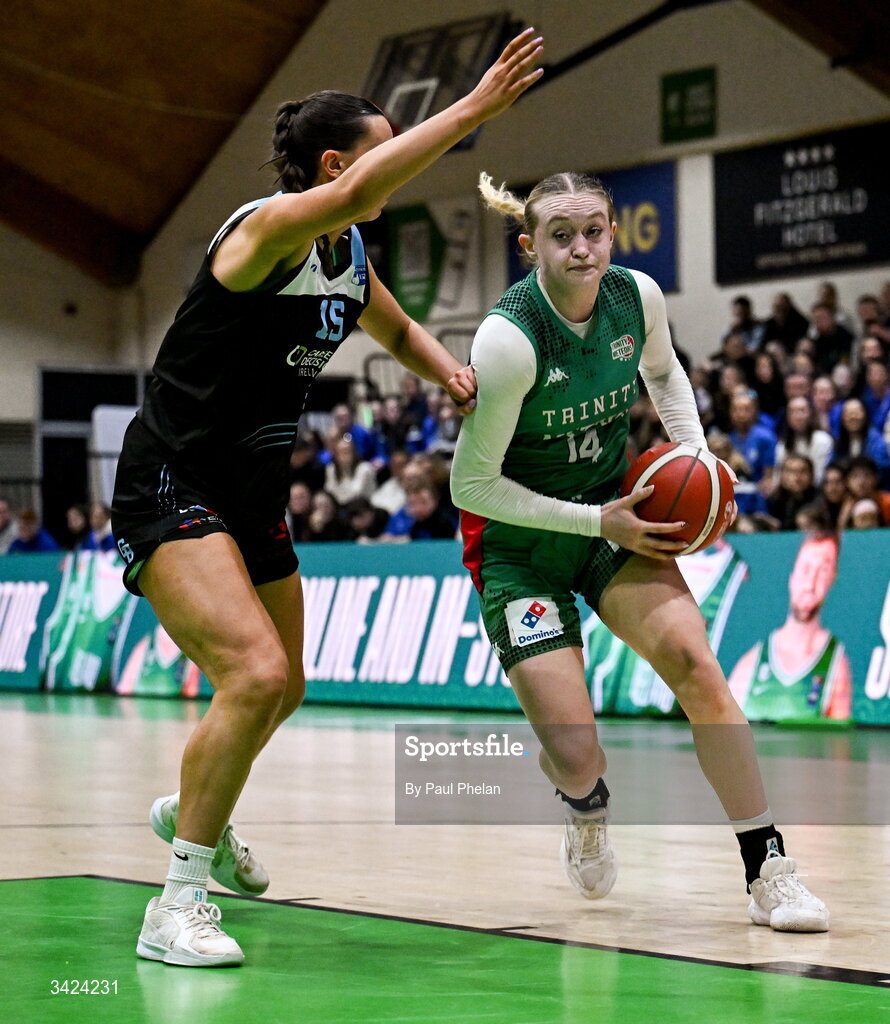 12 April 2026; Ava Learn of Trinity Meteors in action against Emer Dunne of UCC Glanmire during the Basketball Ireland Women's Superleague final match between Trinity Meteors and UCC Glanmire at the National Basketball Arena in Tallaght, Dublin. Photo by Paul Phelan/Sportsfile