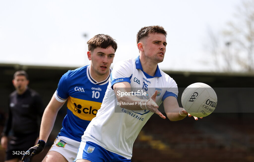 12 April 2026; Alan Dunwoody of Waterford in action against Eoin Craddock of Tipperary during the Munster GAA Football Senior Championship quarter-final match between Waterford and Tipperary at Cappoquin Logistics Fraher Field in Waterford. Photo by Michael P Ryan/Sportsfile