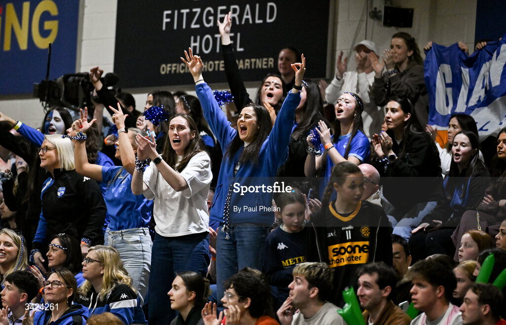 12 April 2026; UCC Glanmire supporters celebrate during the Basketball Ireland Women's Superleague final match between Trinity Meteors and UCC Glanmire at the National Basketball Arena in Tallaght, Dublin. Photo by Paul Phelan/Sportsfile