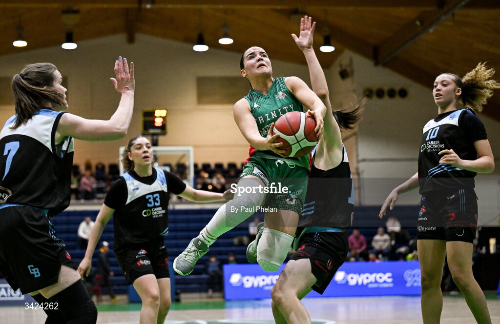 12 April 2026; Hazel Finn of Trinity Meteors in action during the Basketball Ireland Women's Superleague final match between Trinity Meteors and UCC Glanmire at the National Basketball Arena in Tallaght, Dublin. Photo by Paul Phelan/Sportsfile