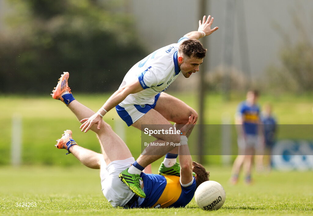 12 April 2026; Alan Dunwoody of Waterford in action against Manus McFadden of Tipperary during the Munster GAA Football Senior Championship quarter-final match between Waterford and Tipperary at Cappoquin Logistics Fraher Field in Waterford. Photo by Michael P Ryan/Sportsfile