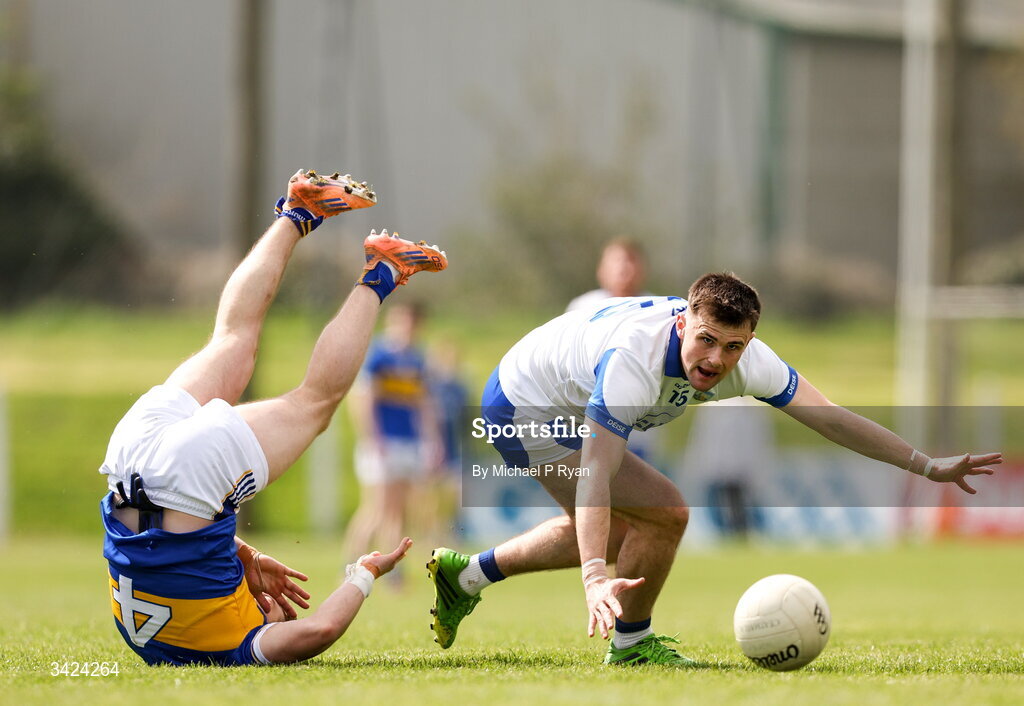 12 April 2026; Alan Dunwoody of Waterford in action against Manus McFadden of Tipperary during the Munster GAA Football Senior Championship quarter-final match between Waterford and Tipperary at Cappoquin Logistics Fraher Field in Waterford. Photo by Michael P Ryan/Sportsfile