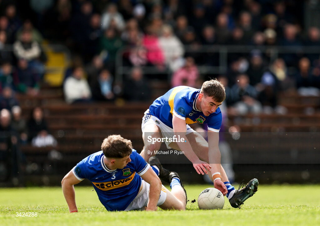 12 April 2026; James Morris of Tipperary, right, along side teammate Eoin O'Connell during the Munster GAA Football Senior Championship quarter-final match between Waterford and Tipperary at Cappoquin Logistics Fraher Field in Waterford. Photo by Michael P Ryan/Sportsfile