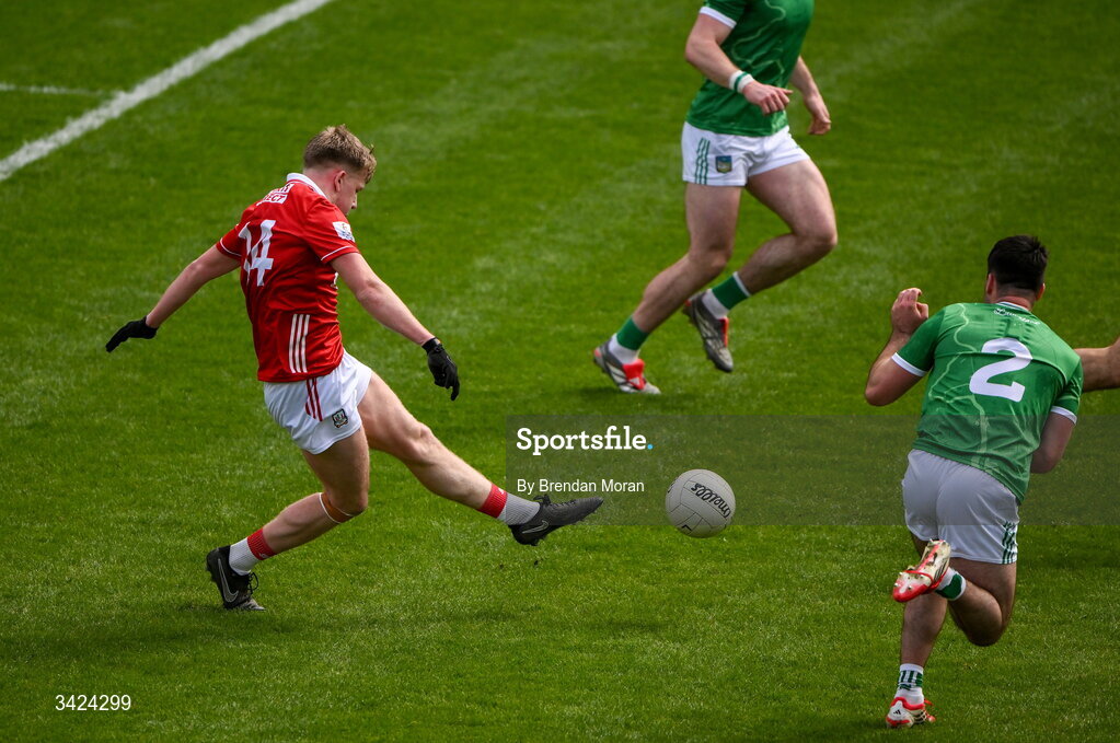 12 April 2026; Dara Sheedy of Cork scores his side's first goal during the Munster GAA Football Senior Championship quarter-final match between Cork and Limerick at SuperValu Páirc Uí Chaoimh in Cork. Photo by Brendan Moran/Sportsfile