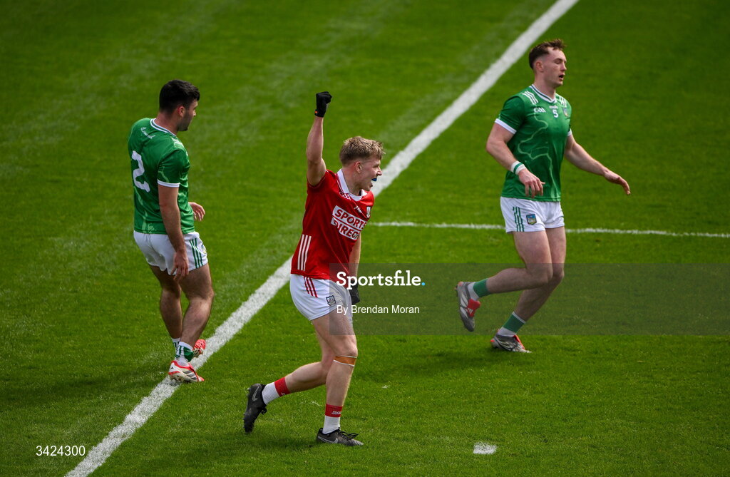12 April 2026; Dara Sheedy of Cork celebrates after scoring his side's first goal during the Munster GAA Football Senior Championship quarter-final match between Cork and Limerick at SuperValu Páirc Uí Chaoimh in Cork. Photo by Brendan Moran/Sportsfile