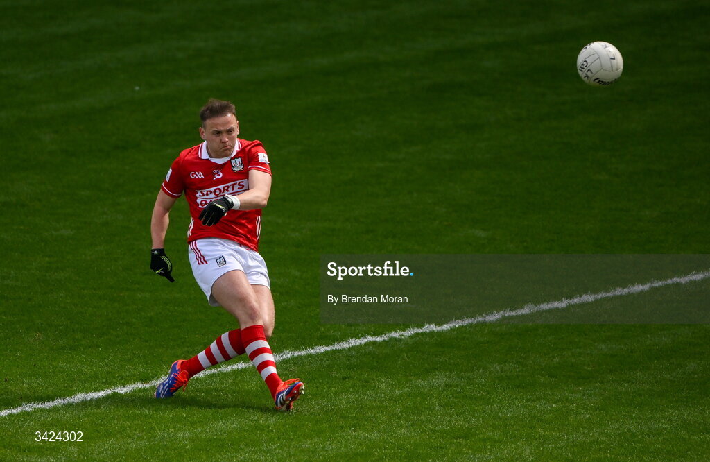 12 April 2026; Steven Sherlock of Cork kicks a point from a free during the Munster GAA Football Senior Championship quarter-final match between Cork and Limerick at SuperValu Páirc Uí Chaoimh in Cork. Photo by Brendan Moran/Sportsfile