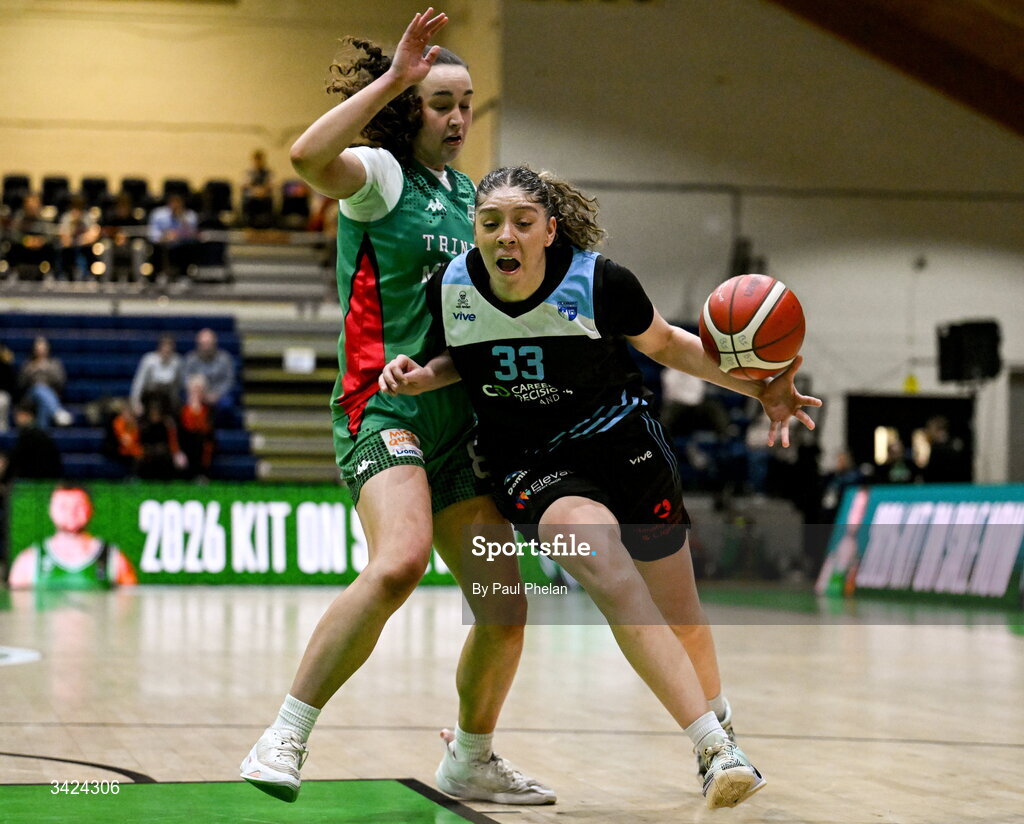 12 April 2026; Viane Cumber of UCC Glanmire in action against Helena Keane of Trinity Meteors during the Basketball Ireland Women's Superleague final match between Trinity Meteors and UCC Glanmire at the National Basketball Arena in Tallaght, Dublin. Photo by Paul Phelan/Sportsfile