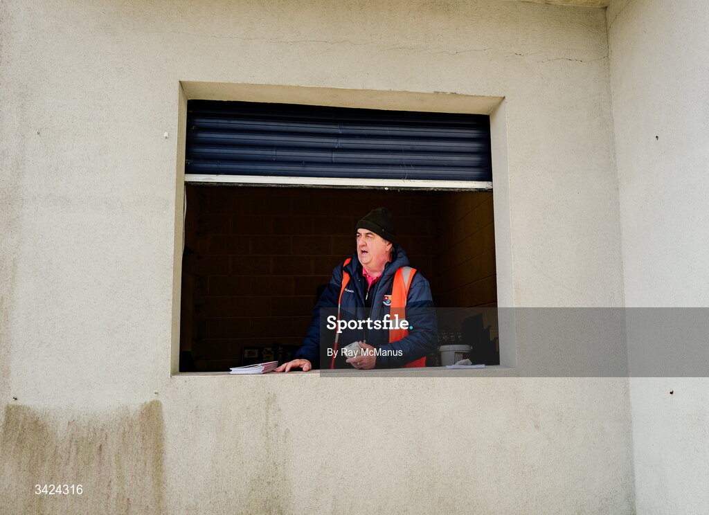 12 April 2026; Programme seller Eamonn Brennan, Grattans Óg GAA club, awaits customers before the Leinster GAA Football Senior Championship Round 1 match between Longford and Westmeath at Glennon Bros Pearse Park in Longford. Photo by Ray McManus/Sportsfile