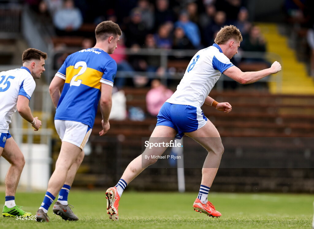 12 April 2026; Michael O'Brien of Waterford celebrates after scoring his side's first goal during the Munster GAA Football Senior Championship quarter-final match between Waterford and Tipperary at Cappoquin Logistics Fraher Field in Waterford. Photo by Michael P Ryan/Sportsfile
