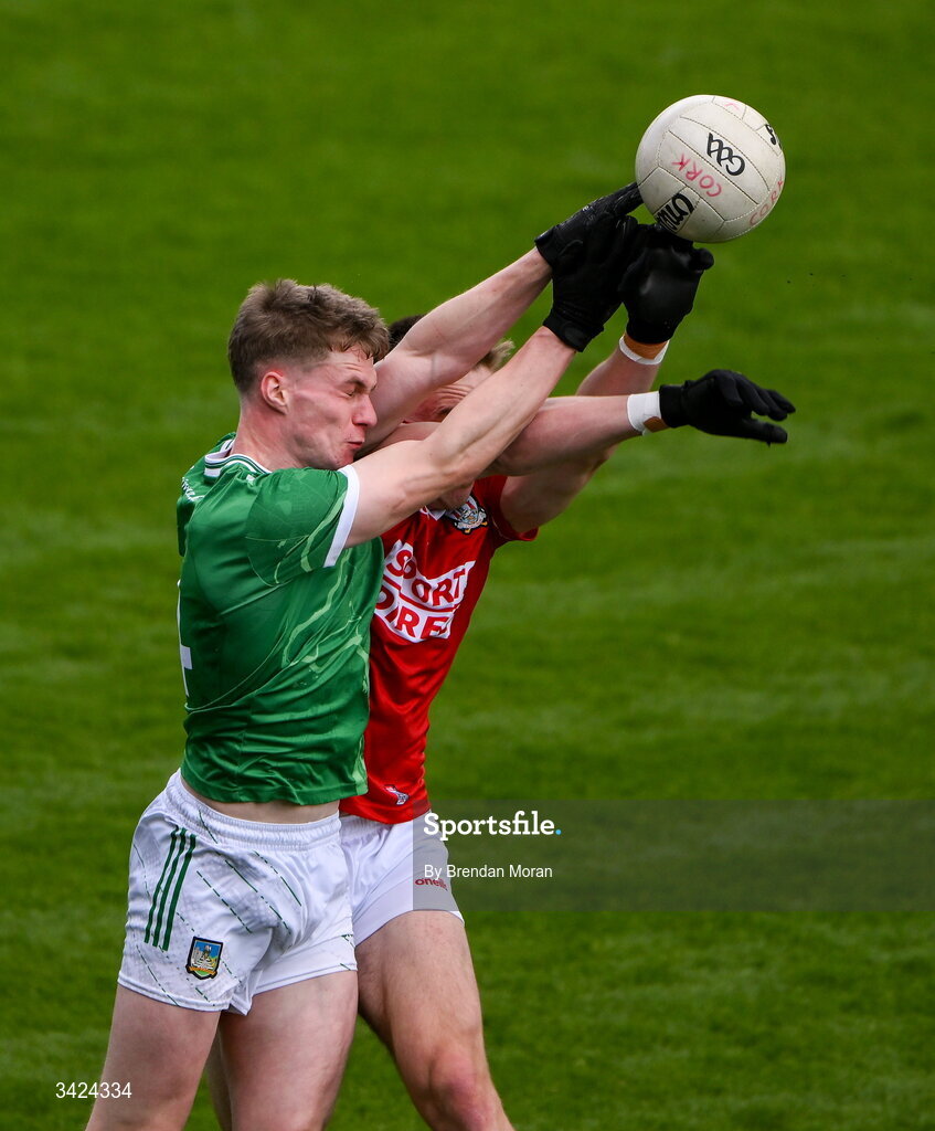 12 April 2026; Diarmuid Buckley of Limerick and Tommy Walsh of Cork contest a kickout during the Munster GAA Football Senior Championship quarter-final match between Cork and Limerick at SuperValu Páirc Uí Chaoimh in Cork. Photo by Brendan Moran/Sportsfile
