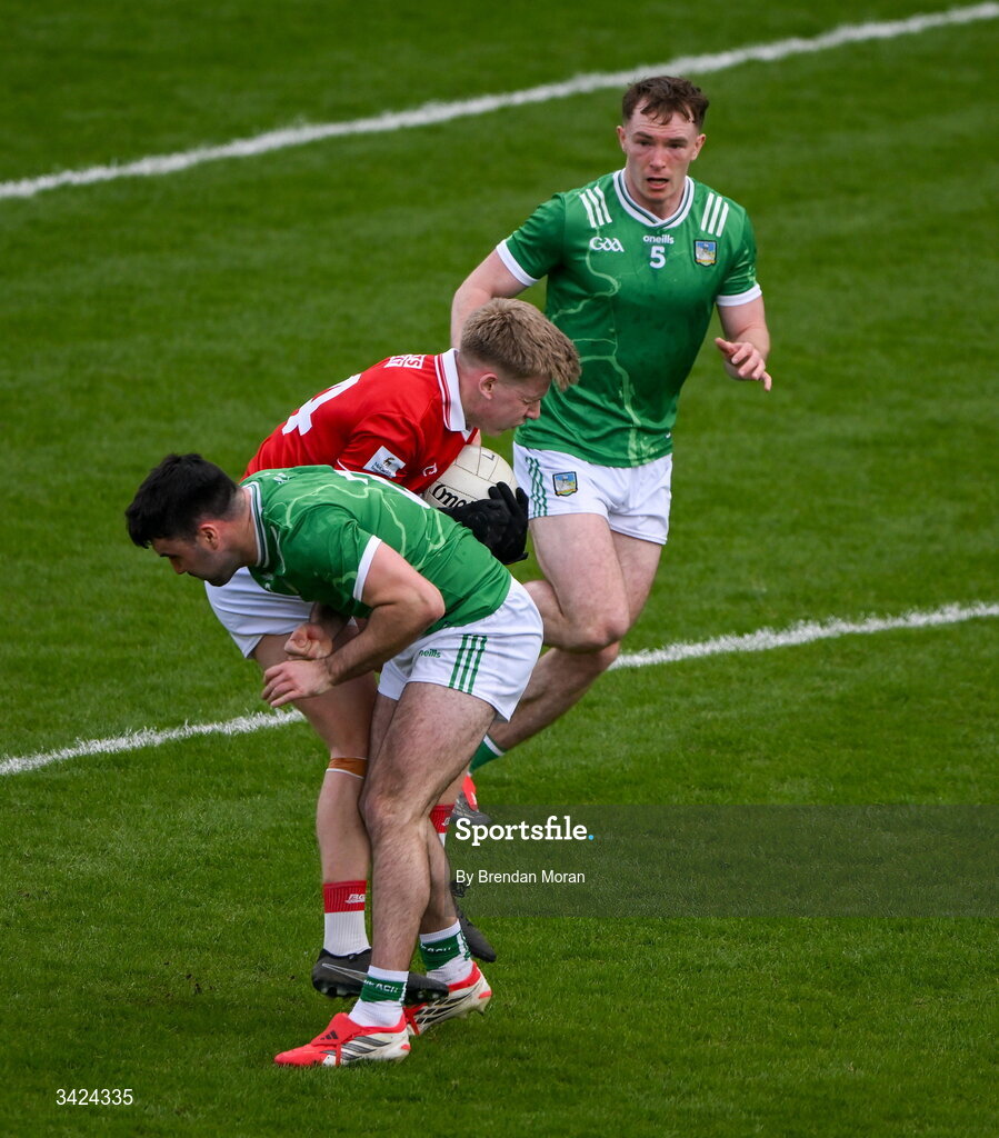 12 April 2026; Dara Sheedy of Cork is tackled by Sean Kilbridge of Limerick, resulting in Sheedy leaving the pitch for medical treatment, during the Munster GAA Football Senior Championship quarter-final match between Cork and Limerick at SuperValu Páirc Uí Chaoimh in Cork. Photo by Brendan Moran/Sportsfile