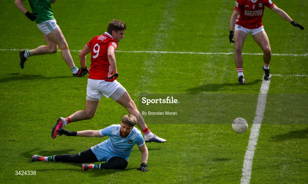 12 April 2026; Ian Maguire of Cork scores his side's fourth goal during the Munster GAA Football Senior Championship quarter-final match between Cork and Limerick at SuperValu Páirc Uí Chaoimh in Cork. Photo by Brendan Moran/Sportsfile