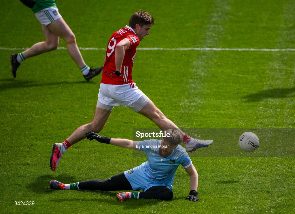12 April 2026; Ian Maguire of Cork scores his side's fourth goal during the Munster GAA Football Senior Championship quarter-final match between Cork and Limerick at SuperValu Páirc Uí Chaoimh in Cork. Photo by Brendan Moran/Sportsfile
