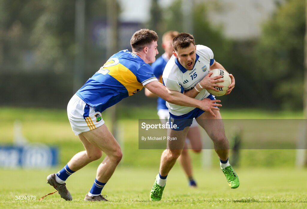 12 April 2026; Alan Dunwoody of Waterford in action against Jack O'Neill of Tipperary during the Munster GAA Football Senior Championship quarter-final match between Waterford and Tipperary at Cappoquin Logistics Fraher Field in Waterford. Photo by Michael P Ryan/Sportsfile