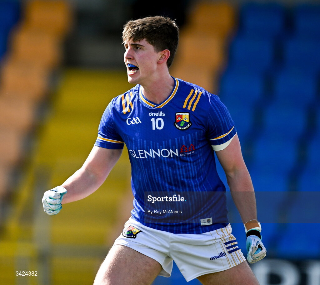 12 April 2026; James Moran of Longford celebrates his sixth minute goal during the Leinster GAA Football Senior Championship Round 1 match between Longford and Westmeath at Glennon Bros Pearse Park in Longford. Photo by Ray McManus/Sportsfile