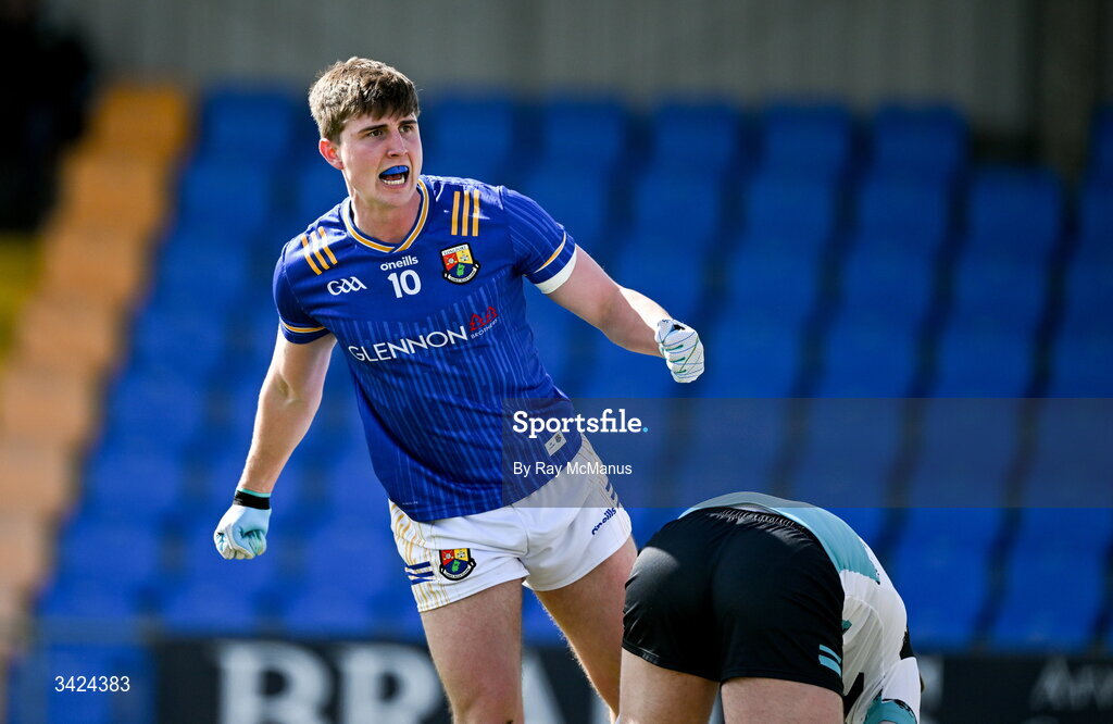 12 April 2026; James Moran of Longford celebrates his sixth minute goal during the Leinster GAA Football Senior Championship Round 1 match between Longford and Westmeath at Glennon Bros Pearse Park in Longford. Photo by Ray McManus/Sportsfile