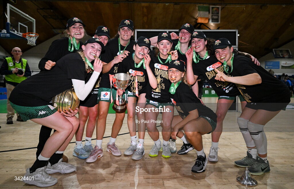 12 April 2026; Trinity Meteors celebrate with the cup after the Basketball Ireland Women's Superleague final match between Trinity Meteors and UCC Glanmire at the National Basketball Arena in Tallaght, Dublin. Photo by Paul Phelan/Sportsfile