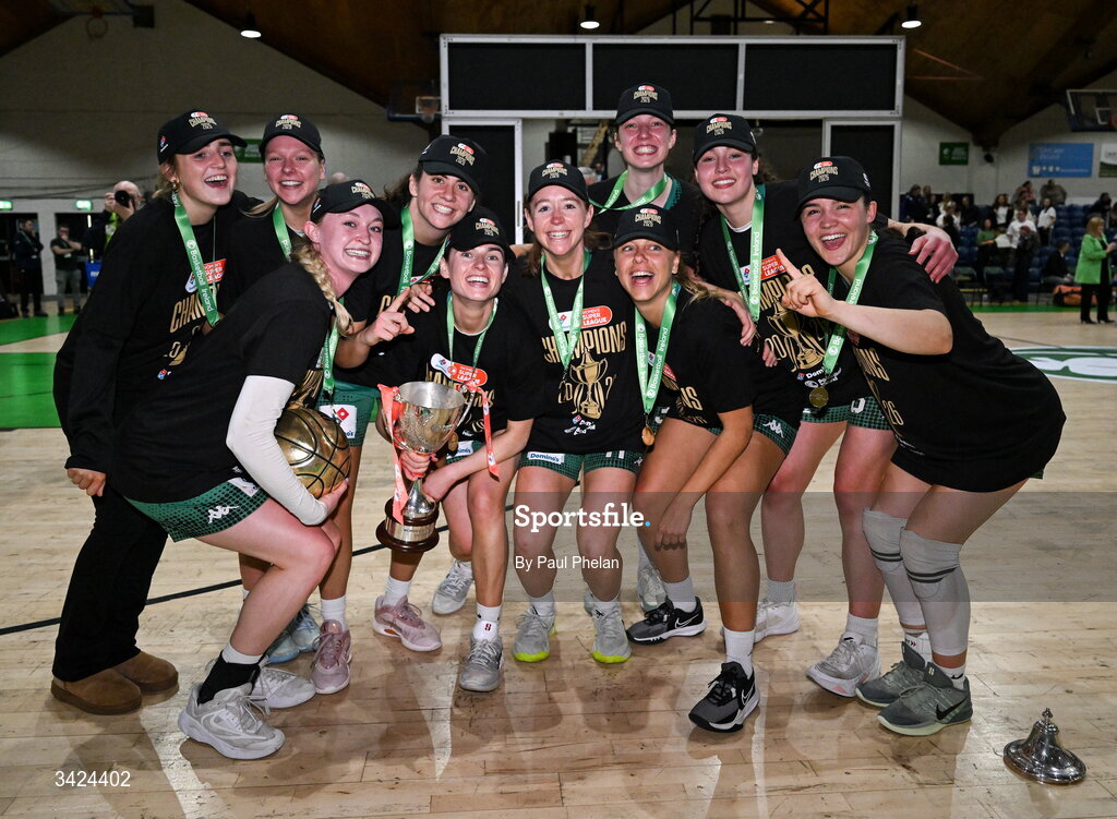 12 April 2026; Trinity Meteors celebrate with the cup after the Basketball Ireland Women's Superleague final match between Trinity Meteors and UCC Glanmire at the National Basketball Arena in Tallaght, Dublin. Photo by Paul Phelan/Sportsfile