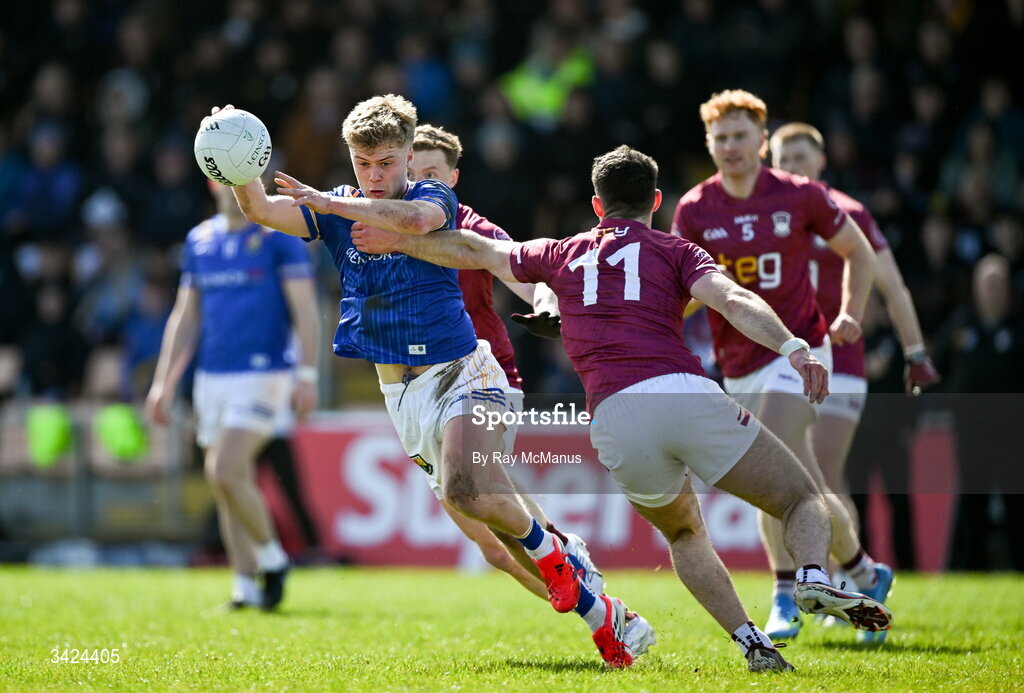 12 April 2026; Matthew Flynn of Longford in action against Sam McCartan of Westmeath during the Leinster GAA Football Senior Championship Round 1 match between Longford and Westmeath at Glennon Bros Pearse Park in Longford. Photo by Ray McManus/Sportsfile