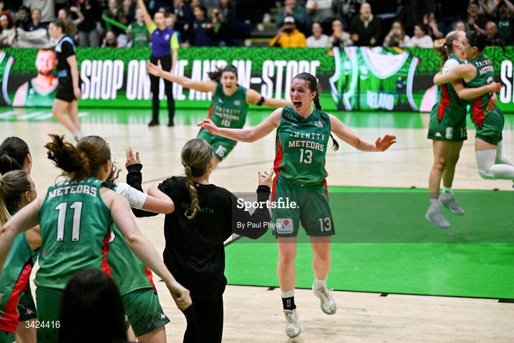 12 April 2026; Franciska Treiliha of Trinity Meteors celebrates at full-time after the Basketball Ireland Women's Superleague final match between Trinity Meteors and UCC Glanmire at the National Basketball Arena in Tallaght, Dublin. Photo by Paul Phelan/Sportsfile