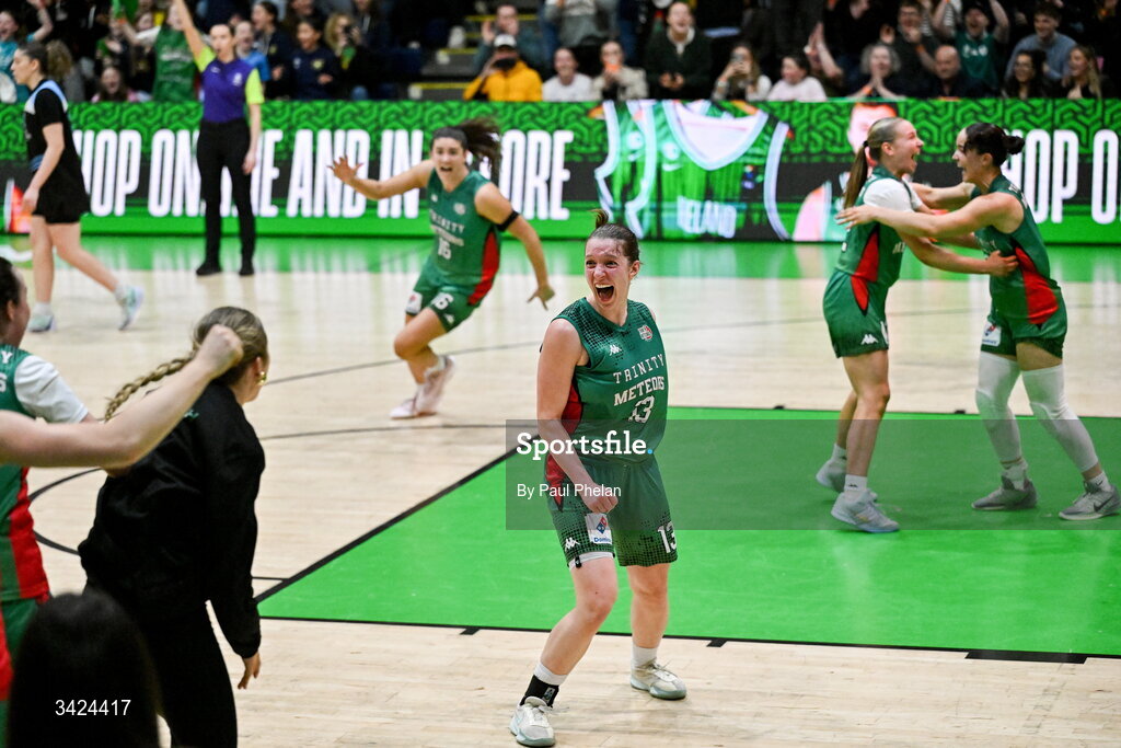 12 April 2026; Franciska Treiliha of Trinity Meteors celebrates at full-time after the Basketball Ireland Women's Superleague final match between Trinity Meteors and UCC Glanmire at the National Basketball Arena in Tallaght, Dublin. Photo by Paul Phelan/Sportsfile