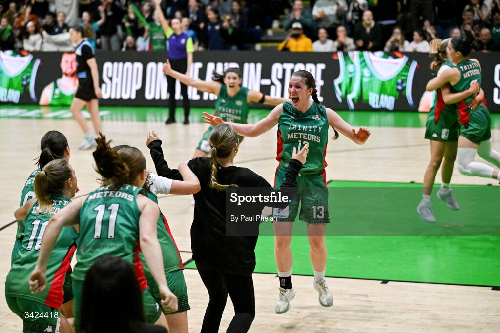 12 April 2026; Franciska Treiliha of Trinity Meteors celebrates at full-time after the Basketball Ireland Women's Superleague final match between Trinity Meteors and UCC Glanmire at the National Basketball Arena in Tallaght, Dublin. Photo by Paul Phelan/Sportsfile