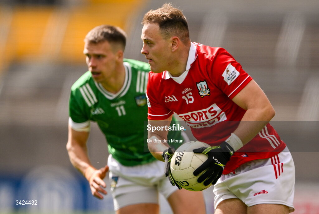 12 April 2026; Steven Sherlock of Cork in action against Cillian Fahy of Limerick during the Munster GAA Football Senior Championship quarter-final match between Cork and Limerick at SuperValu Páirc Uí Chaoimh in Cork. Photo by Brendan Moran/Sportsfile