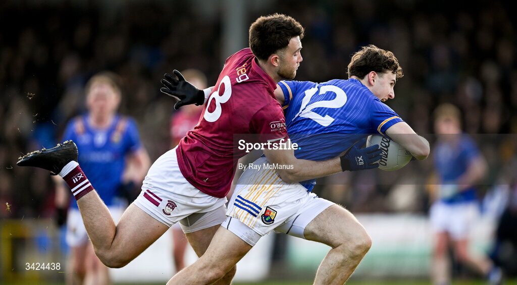 12 April 2026; Daniel Reynolds of Longford in action against Brían Cooney of Westmeath during the Leinster GAA Football Senior Championship Round 1 match between Longford and Westmeath at Glennon Bros Pearse Park in Longford. Photo by Ray McManus/Sportsfile