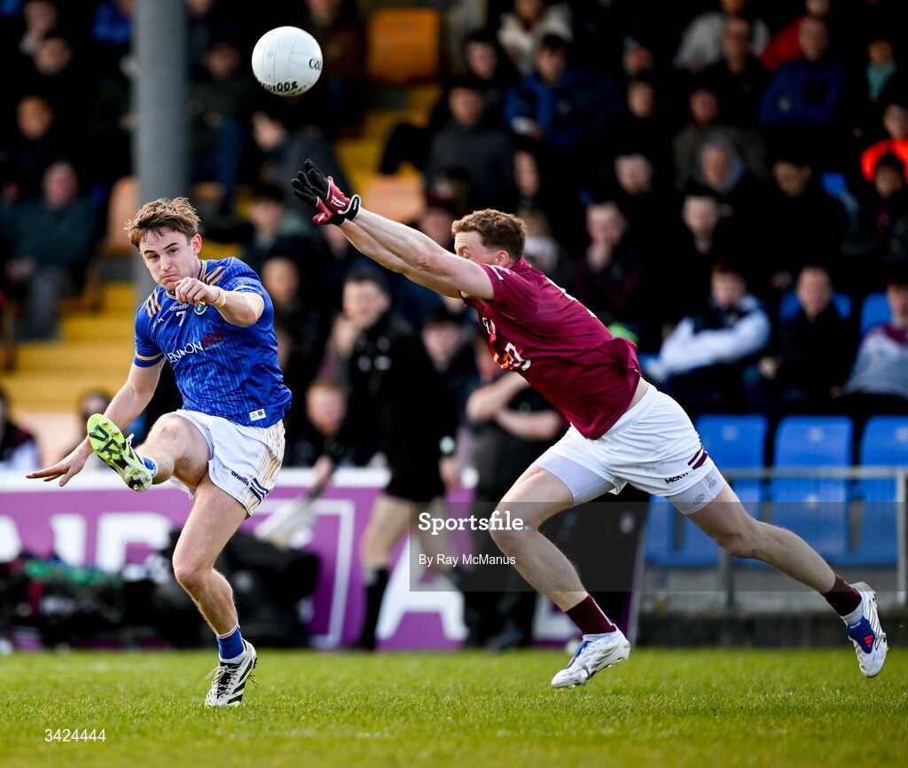12 April 2026; Dessie Reynolds of Longford in action against Ray Connellan of Westmeath during the Leinster GAA Football Senior Championship Round 1 match between Longford and Westmeath at Glennon Bros Pearse Park in Longford. Photo by Ray McManus/Sportsfile