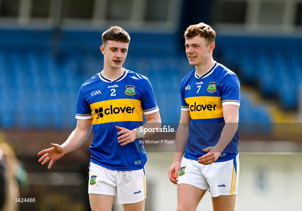 12 April 2026; Tipperary players, from left, Jack O'Neill and Charlie King  after their side's victory in the Munster GAA Football Senior Championship quarter-final match between Waterford and Tipperary at Cappoquin Logistics Fraher Field in Waterford. Photo by Michael P Ryan/Sportsfile