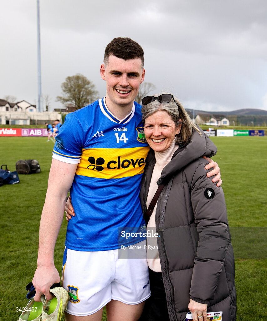 12 April 2026; Sean O'Connor of Tipperary with his mother Cathriona after the Munster GAA Football Senior Championship quarter-final match between Waterford and Tipperary at Cappoquin Logistics Fraher Field in Waterford. Photo by Michael P Ryan/Sportsfile