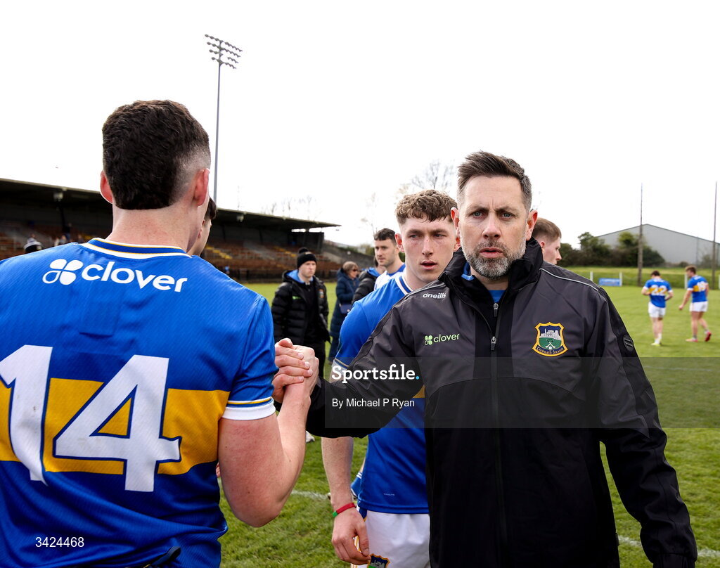 12 April 2026; Tipperary manager Niall Fitzgerald with Sean O'Connor after their side's victory in the Munster GAA Football Senior Championship quarter-final match between Waterford and Tipperary at Cappoquin Logistics Fraher Field in Waterford. Photo by Michael P Ryan/Sportsfile