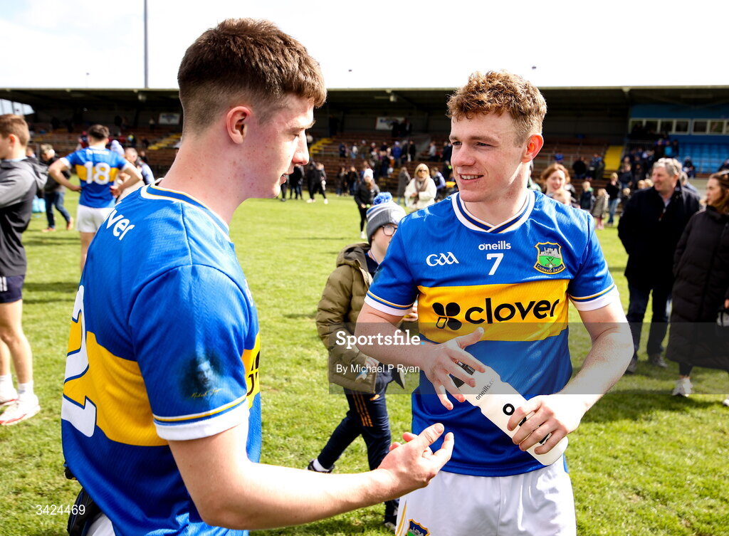 12 April 2026; Jack O'Neill, left, and Charlie King of Tipperary after their side's victory in the Munster GAA Football Senior Championship quarter-final match between Waterford and Tipperary at Cappoquin Logistics Fraher Field in Waterford. Photo by Michael P Ryan/Sportsfile