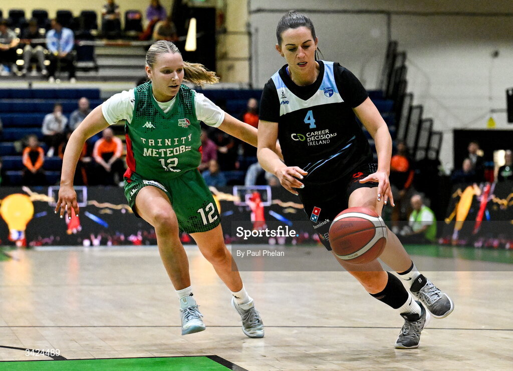 12 April 2026; Aisling Moran of Trinity Meteors in action against Aine McKenna of UCC Glanmire during the Basketball Ireland Women's Superleague final match between Trinity Meteors and UCC Glanmire at the National Basketball Arena in Tallaght, Dublin. Photo by Paul Phelan/Sportsfile