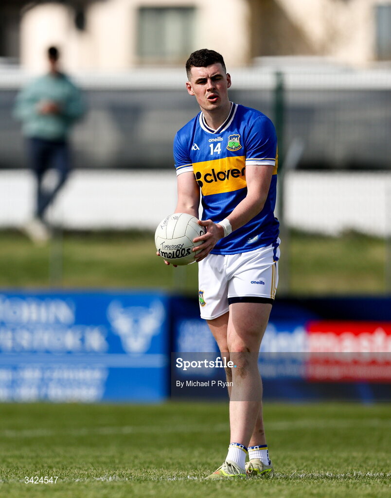 12 April 2026; Sean O'Connor of Tipperary prepares to kick a free during the Munster GAA Football Senior Championship quarter-final match between Waterford and Tipperary at Cappoquin Logistics Fraher Field in Waterford. Photo by Michael P Ryan/Sportsfile