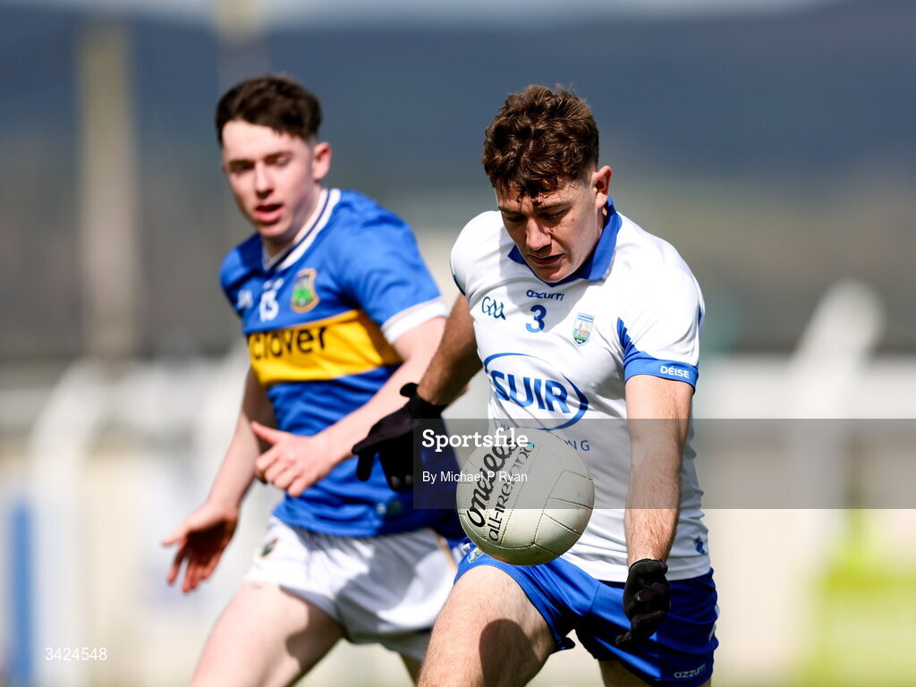 12 April 2026; Billy Hynes of Waterford in action against Cian Smith of Tipperary during the Munster GAA Football Senior Championship quarter-final match between Waterford and Tipperary at Cappoquin Logistics Fraher Field in Waterford. Photo by Michael P Ryan/Sportsfile