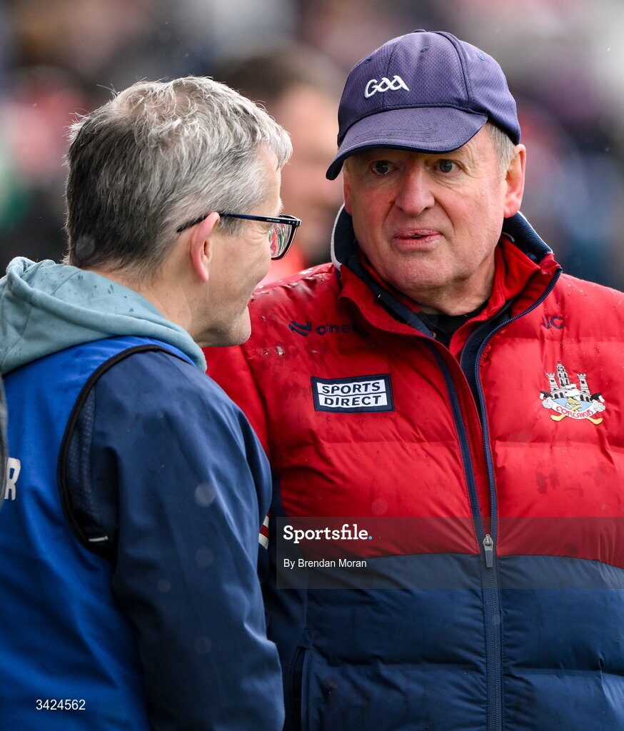 12 April 2026; Cork manager John Cleary, right, and Limerick manager Jimmy Lee  after the Munster GAA Football Senior Championship quarter-final match between Cork and Limerick at SuperValu Páirc Uí Chaoimh in Cork. Photo by Brendan Moran/Sportsfile