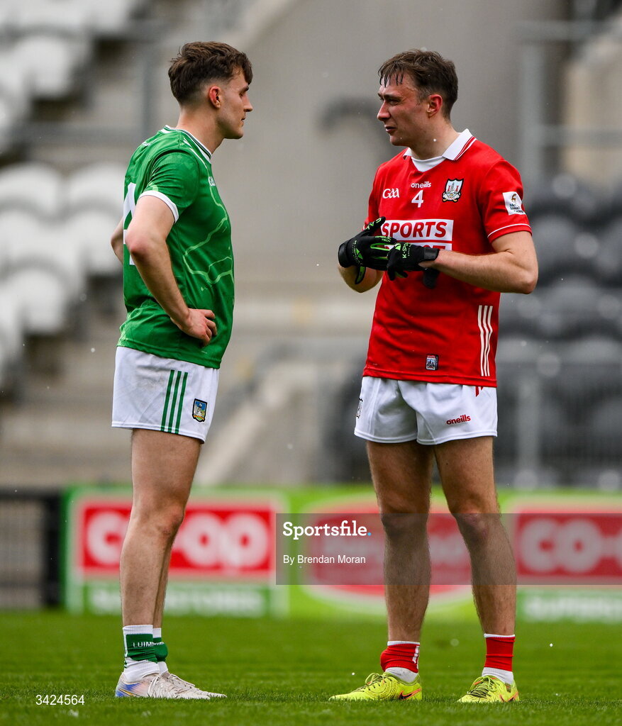 12 April 2026; James Naughton of Limerick and Seán Meehan of Cork in conversation after the Munster GAA Football Senior Championship quarter-final match between Cork and Limerick at SuperValu Páirc Uí Chaoimh in Cork. Photo by Brendan Moran/Sportsfile
