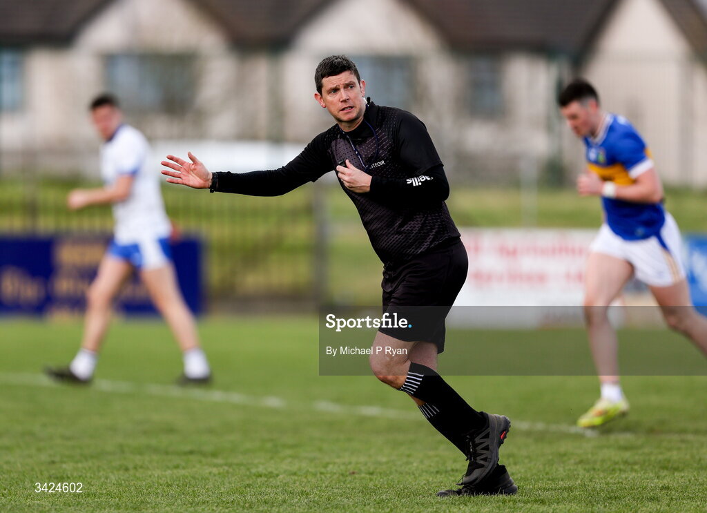 12 April 2026; Referee Barry Tiernan during the Munster GAA Football Senior Championship quarter-final match between Waterford and Tipperary at Cappoquin Logistics Fraher Field in Waterford. Photo by Michael P Ryan/Sportsfile