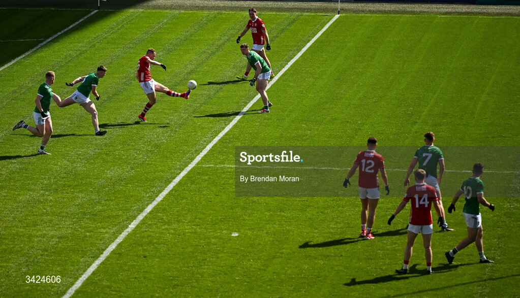 12 April 2026; Steven Sherlock of Cork kicks a point during the Munster GAA Football Senior Championship quarter-final match between Cork and Limerick at SuperValu Páirc Uí Chaoimh in Cork. Photo by Brendan Moran/Sportsfile
