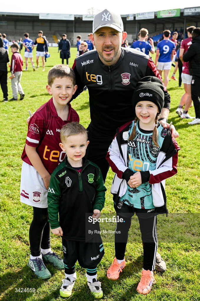 12 April 2026; Westmeath manager Mark McHugh with his children Noah, nine years, Ivy, 6, and Finn, 4, after the Leinster GAA Football Senior Championship Round 1 match between Longford and Westmeath at Glennon Bros Pearse Park in Longford. Photo by Ray McManus/Sportsfile