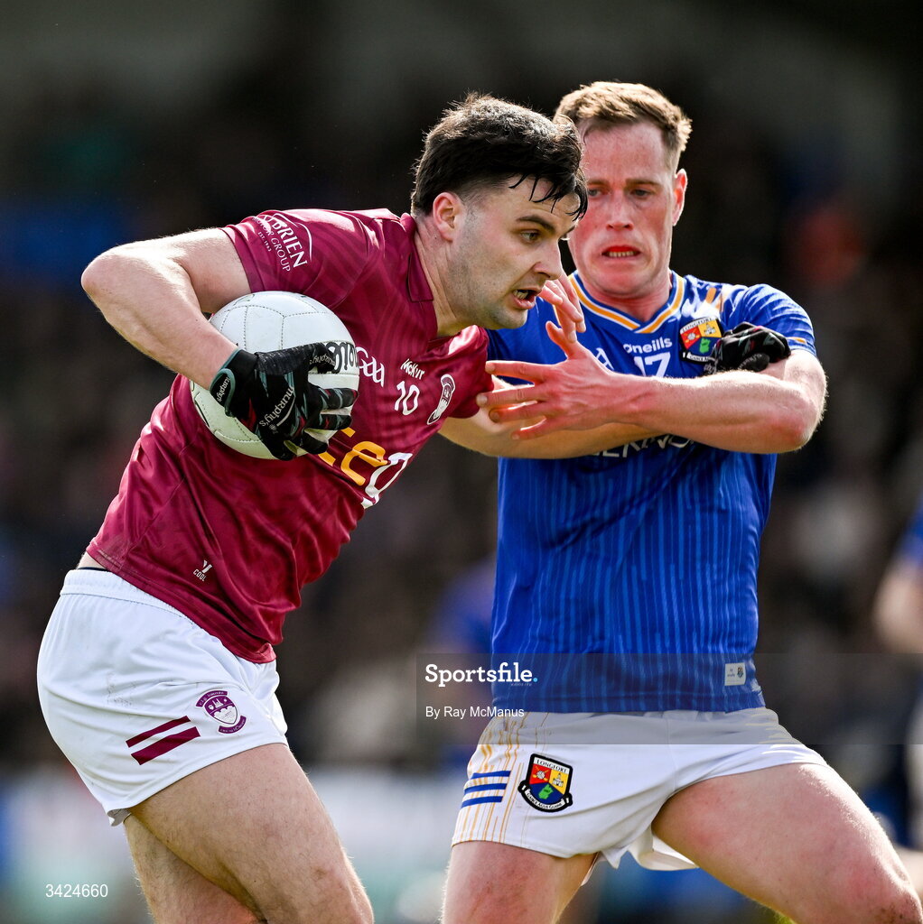 12 April 2026; Kevin O'Sullivan of Westmeath in action against Cian Brady of Longford during the Leinster GAA Football Senior Championship Round 1 match between Longford and Westmeath at Glennon Bros Pearse Park in Longford. Photo by Ray McManus/Sportsfile