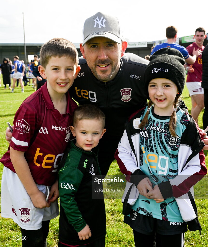 12 April 2026; Westmeath manager Mark McHugh with his children Noah, 9 years, Ivy, 6, and Finn, 4, after the Leinster GAA Football Senior Championship Round 1 match between Longford and Westmeath at Glennon Bros Pearse Park in Longford. Photo by Ray McManus/Sportsfile
