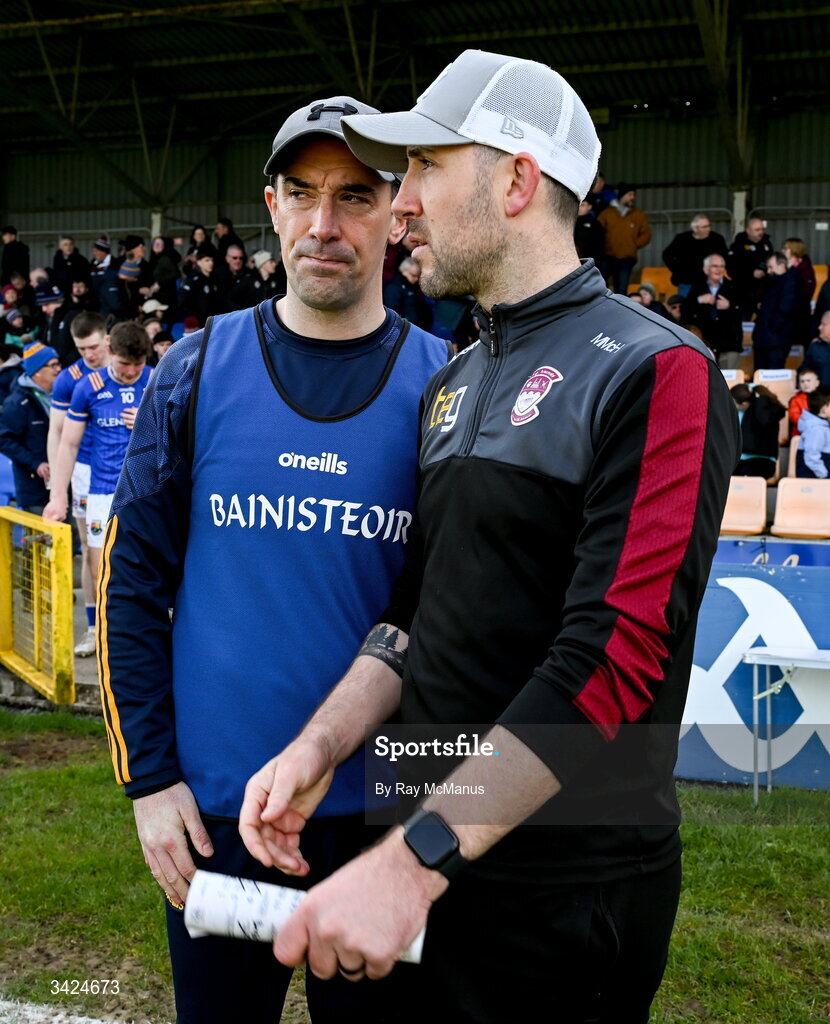 12 April 2026; The Longford manager Mike Solan, left, and Westmeath manager Mark McHugh after the Leinster GAA Football Senior Championship Round 1 match between Longford and Westmeath at Glennon Bros Pearse Park in Longford. Photo by Ray McManus/Sportsfile