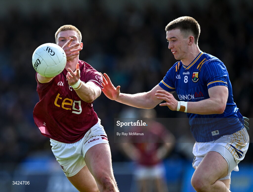 12 April 2026; Shane Allen of Westmeath in action against Liam Glennon of Longford during the Leinster GAA Football Senior Championship Round 1 match between Longford and Westmeath at Glennon Bros Pearse Park in Longford. Photo by Ray McManus/Sportsfile